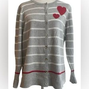 Gray & White Striped Heart Sweater w/ Silver Buttons - Size L